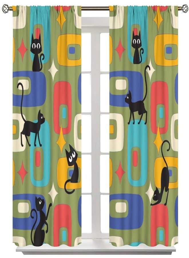 SENRUEGT Mid Century Cat Curtains for Kids Bedroom,Modern Abstract Geometric Pattern 1950s Vintage Funny Black Cartoon Animal Drapes 42x45 Inch - Image 3